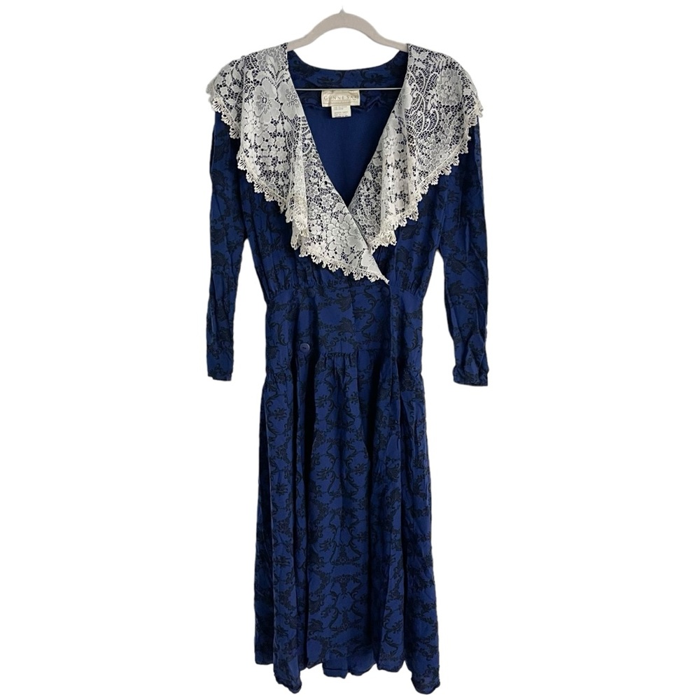 Vintage 1980s Gunne Sax Royal Blue Midi Dress with White Lace Collar - Picture 2 of 10